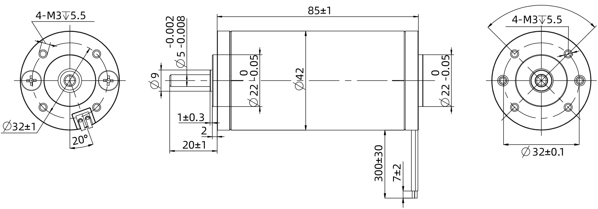 Brush DC Motor Size 42mm Dimensional Drawing